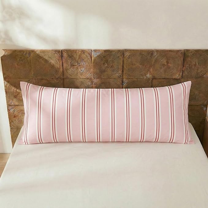 Merryword Body Pillow Cover 20x54inches, 100% Cotton Pillow Case, Pink Striped Pillowcase, Soft Breathable Ribbon Stripes Long Pillowcase, 1-Piece