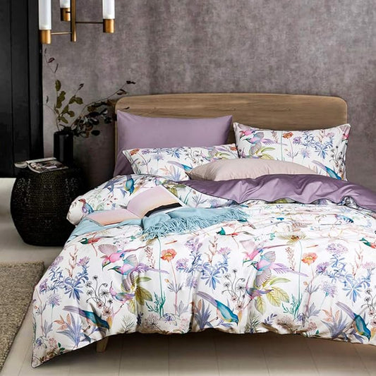 VM VOUGEMARKET Multi Color King Duvet Cover Set with Floral Bird Pattern,White Purple Bedding Set,Lightweight Elegant Botanical Duvet Cover for Girls