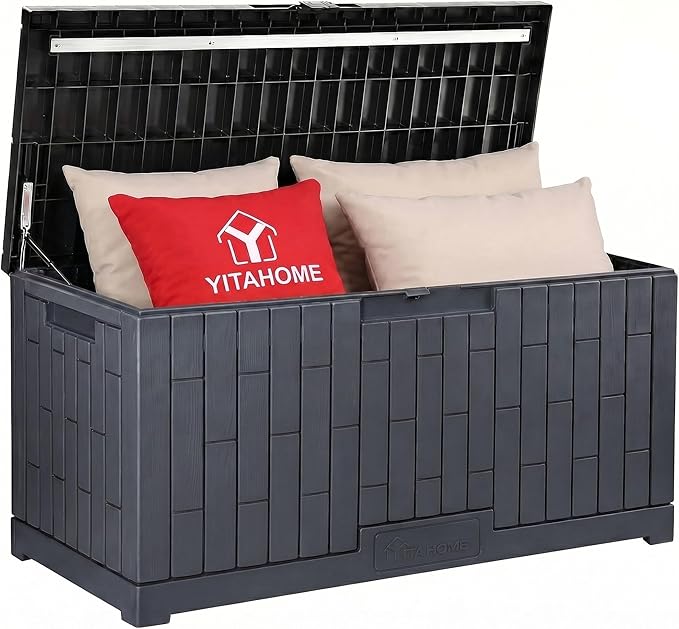 YITAHOME 120 Gallon Outdoor Storage Deck Box, Large Resin Patio Storage for Outdoor Pillows, Garden Tools and Pool Supplies, Waterproof, Lockable, (Dark Grey)