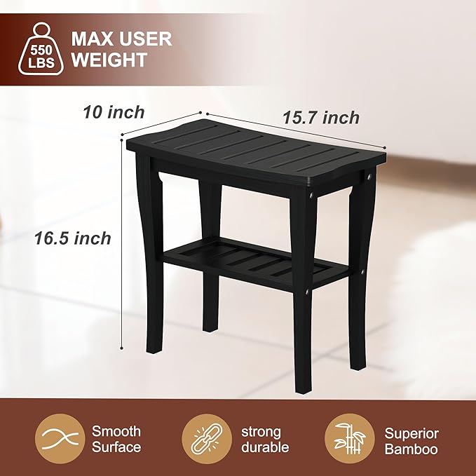 Bamboo Shower Bench Stool with Storage Shelf, Waterproof Shower Chair Spa Bath Seat, Shower Stool for Inside, Bathroom Bench Seat for Adults Elderly Seniors for Indoor or Outdoor Use(Black)