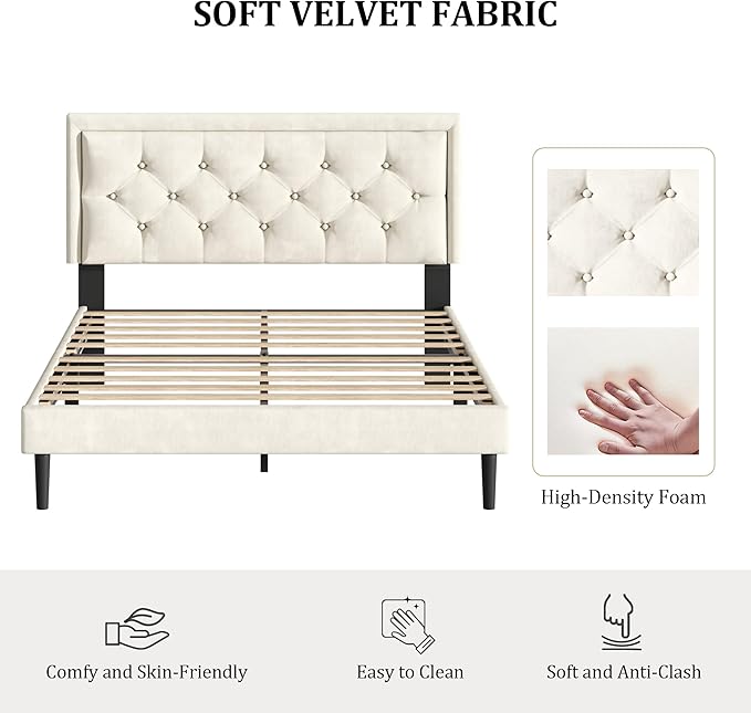 CXVX Queen Size Platform Bed Frame with Upholstered Velvet Button Tufted Headboard, Mattress Foundation with Wooden Slat Support, No Box Spring Needed, Easy Assembly, Noise Free, Beige