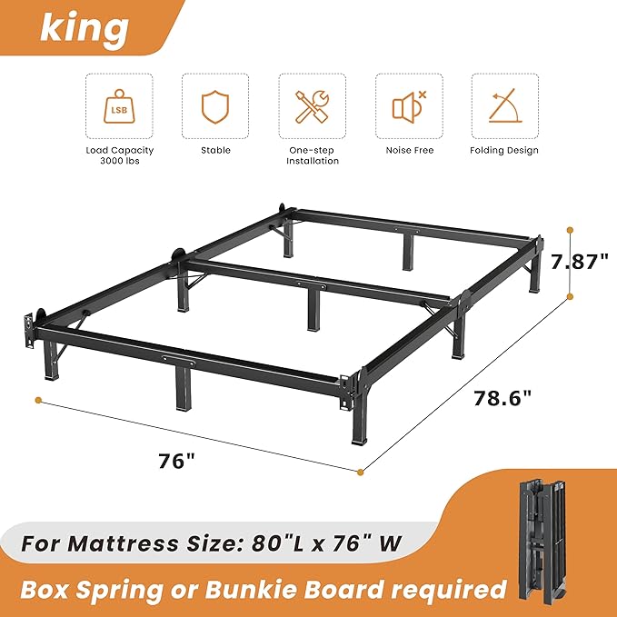 MAF Metal Bed Frame King 8 Inches, 9-Legs Support Bed Base, King Bed Frame for Box Spring and Mattress, Basics Bed Frame Headboard Attachable Tool-Free Easy Assembly, Black