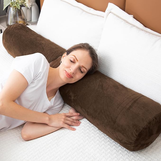 1 MIDDLE ONE Round Body Pillow for Adults, Long Bolster Pillow for Bed with Removable Velvet Cover, Decorative Tube Roll Cylinder Pillow, 47 x 7.87 Inch, Coffee