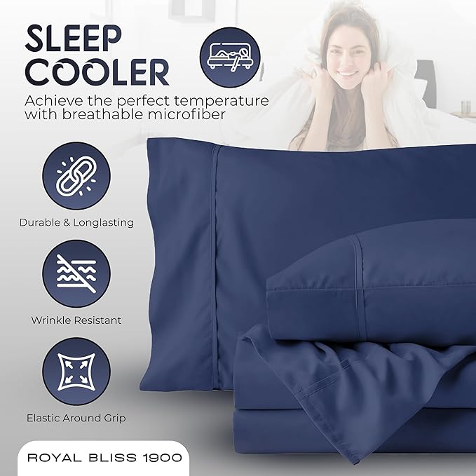 Top Split King Sheets Sets for Adjustable Bed, 4 Pcs Double Brushed Deep Pockets Microfiber Sheets, 34 Inch Split Top Fitted Sheet, 1 King Flat Sheet and 2 Pillowcase Navy Blue