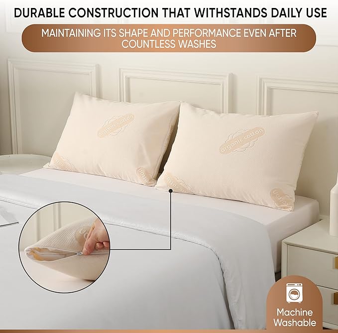 2-Pack Deluxe Waterproof Organic Cotton Pillow Protectors - Standard - Certified Organic, Zippered Encasement, Soft Knit Fabric, Thick 280 GSM Cotton