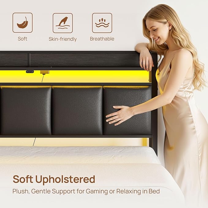 Rolanstar Bed Frame Twin Size with Charging Station and LED Lights, Upholstered Storage Headboard with Drawers, Heavy Duty Metal Slats, No Box Spring Needed, Easy Assembly, Black
