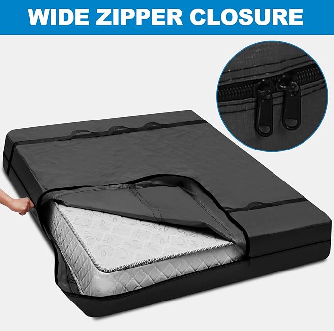 TICONN Mattress Bags for Moving, Heavy Duty Full Mattress Cover Storage Bag with Full-Around Handle and Adjustable Buckles (Black, Full)