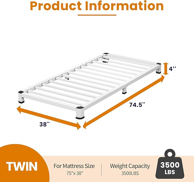 NKZ Twin Platform Bed Frame 4 Inch, Heavy Duty Metal Low Profile Bed Frame with Round Corner Legs, 3500lbs Weight Capacity Reinforced Frame, No Box Spring Needed，Noise-Free, Easy Assembly