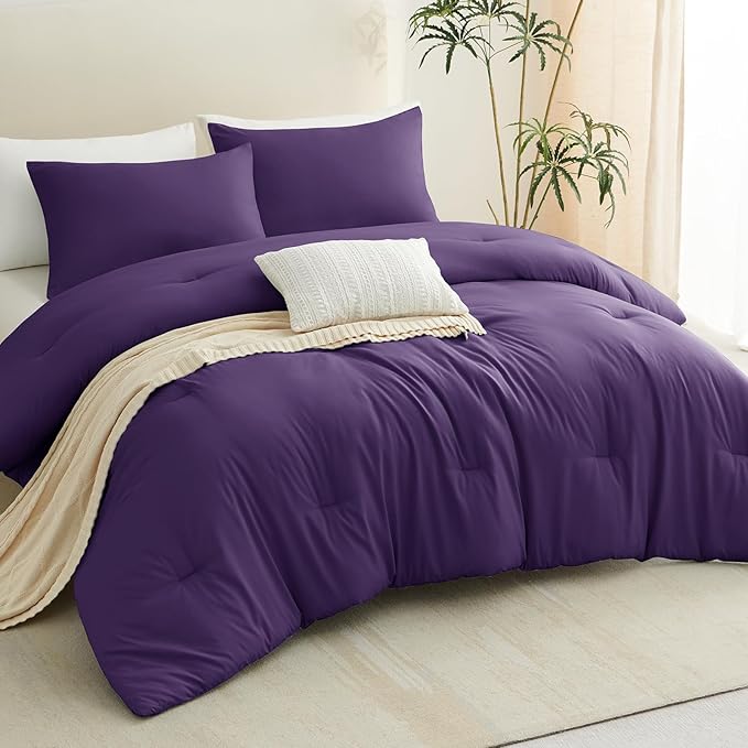 CozyLux Oversized King Comforter Set Purple, 3 Pieces 120x98 Solid Breathable Quilted Bedding Sets for All Seasons, Luxury Soft Lightweight Bed Set with Down Alternative Comforter and 2 Pillowcases
