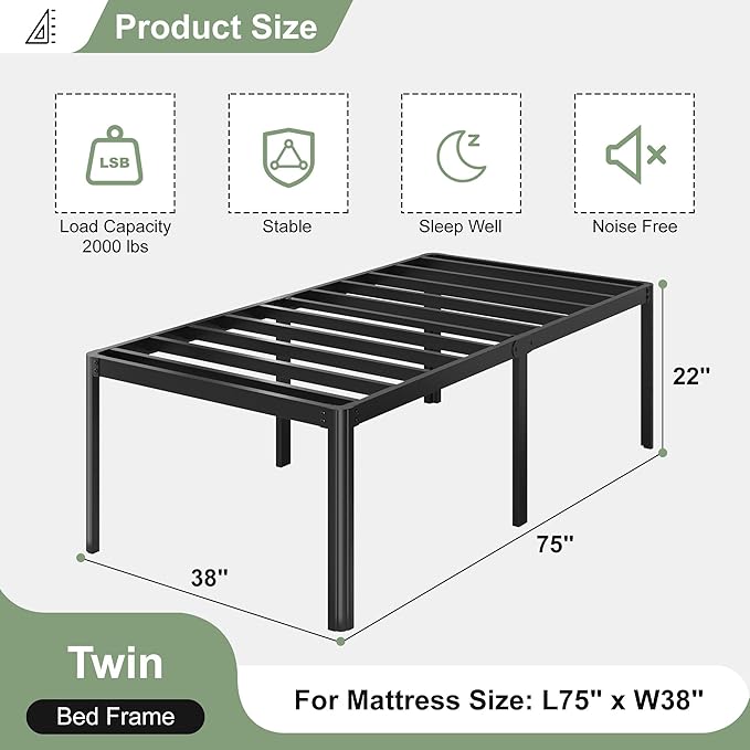 Lutown-Teen 22 Inch High Twin Bed Frames with Rounded Corner Legs, Heavy Duty Metal Twin Platform Bed Frame with Steel Slats Support, No Box Spring Needed, Noise Free, Easy Assembly