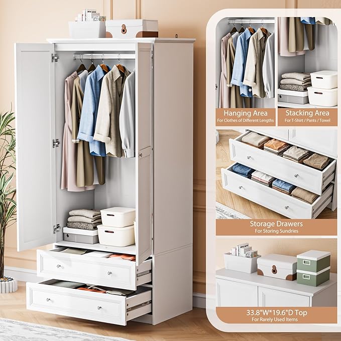 VINGLI Wardrobe Closet with 2 Doors and 2 Drawers, 72" H Wardrobe Cabinet Closet, Freestanding Clothing Storage Cabinet, Wooden White Bedroom Armoire, Combination for Hanging Clothes