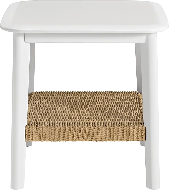 Alaterre Furniture Calais 2-Tier Small End Table with Woven Storage Shelf – Mid Century Modern Wooden Nightstand or Side Table for Small Spaces, Living Room & Bedroom (White)