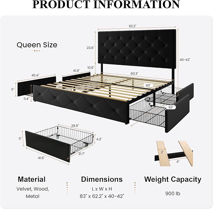 SHA CERLIN Queen Platform Bed Frame with 4 Oversized Storage Drawers, Adjustable Headboard with Velvet Upholstery, Diamond Button Tufted Design, Wooden Slat Support, No Box Spring Needed, Black