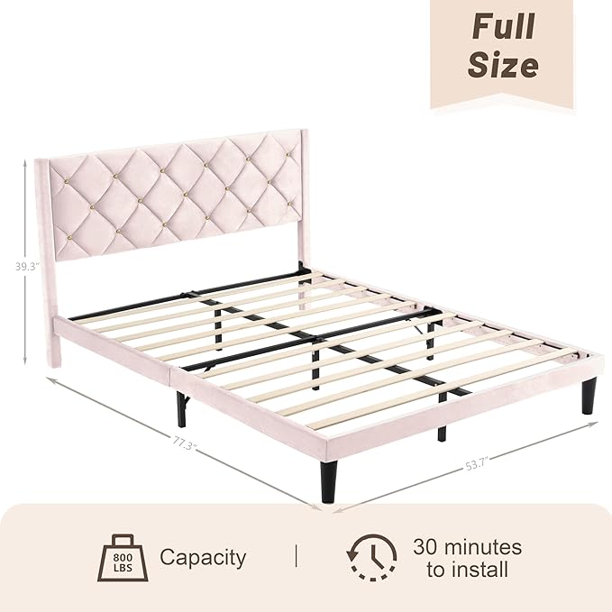 Full Bed Frame with Headboard, Bed Frame Full Size with Sturdy Wooden Slats Support, Platform Frame with Velvet Upholstered Headboard, Mattress Foundation, Easy Assembly, No Box Spring Needed Pink