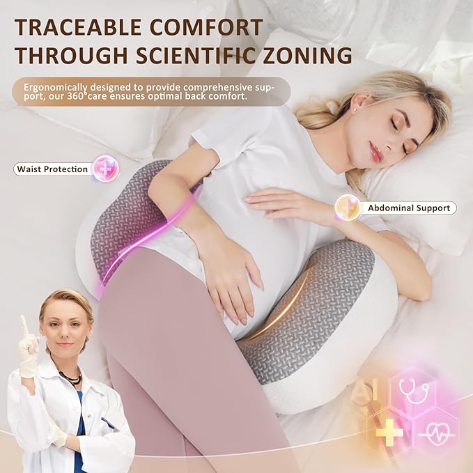 Chilling Home Pregnancy Pillow for Sleeping Portable, Maternity Pillow for Side Sleeper, Travel Wedge Pillow, Body Pillow Support for Back, Belly, with Removable Cover, Pink