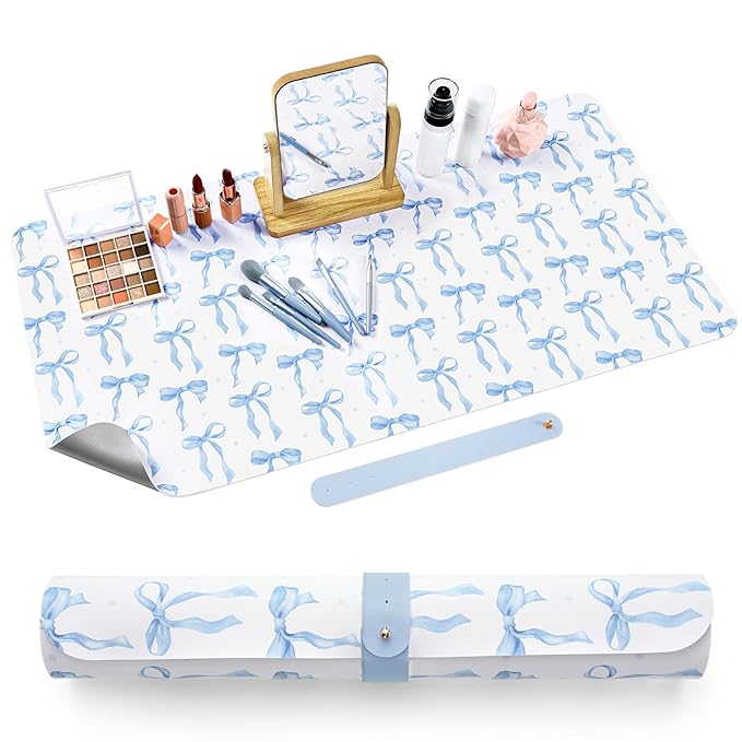 Teenyyou Coquette Bow Makeup Mat for Vanity Top Protector Graduation Gift Dual Side Leather Desk Mouse Pad Girly Waterproof Nonstick Dressing Accessories for Women Home Office(Blue,15.7"x31.5")