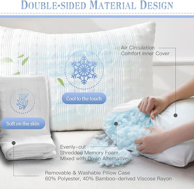 Meoflaw Cooling Pillows for Sleeping Queen Size Set of 2,Shredded Memory Foam Bed Pillow with Pillow Case-Double Sided Material,Adjustable Loft Queen Pillow for Side & Back Sleeper-Medium Firm