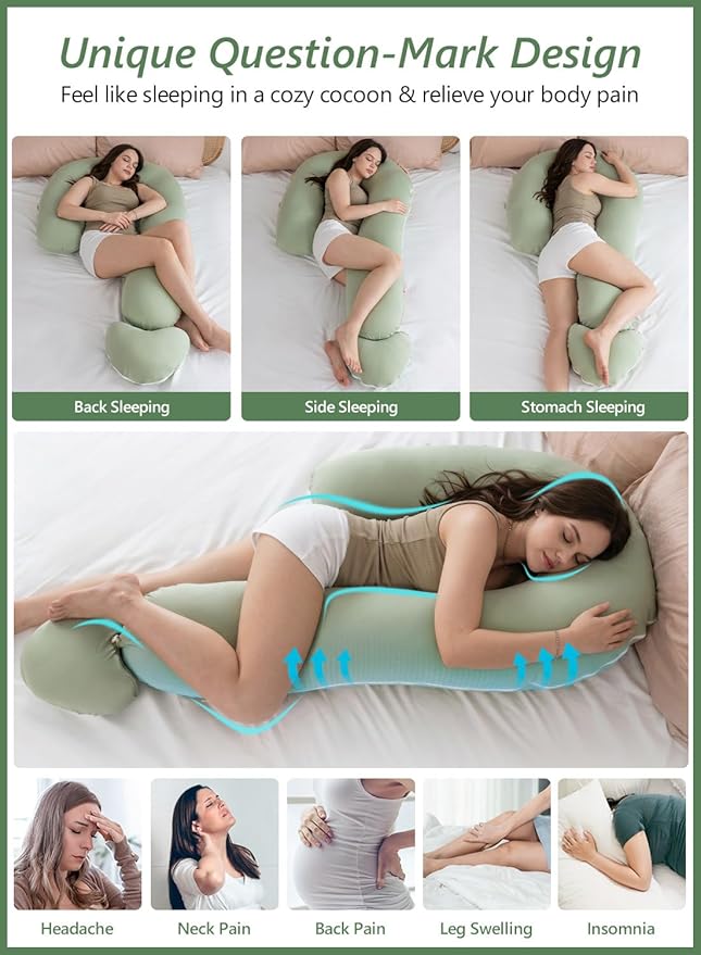 Meiz Question Mark Body Pillow for Adults & Couples - Rayon Cover Derived from Bamboo, Full Body Support for Side Sleepers, Back & Pregnancy, with Detachable Heart Cushion, Sage Green