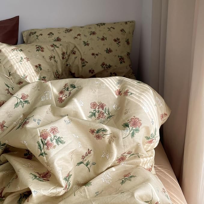 mixinni Vintage Floral Duvet Cover Queen Size - 3 Piece 100% Cotton Cottagecore Red Flowers & Green Leaves Bedding, Soft Botanical Comforter Cover & Pillowcases, Aesthetic Spring Bed Set for Girls