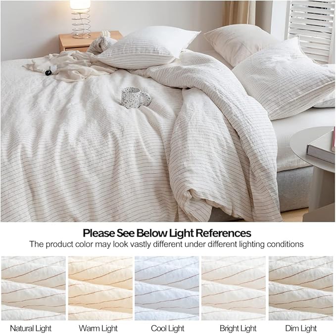 Simple&Opulence 100% Linen Duvet Cover Set 3pcs Yarn Dyed Vertical Pinstripe Ticking Pattern Natural French Washed Flax Breathable Farmhouse Bedding - Cinnamon Stripe, King Size