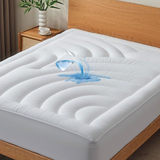 Waterproof Mattress Pad Queen, Quilted Fitted Queen Mattress Topper, Five-Layers Noiseless Mattress Protector Cover with 8"-21" Deep Pocket, Machine Washable, White, 60x80