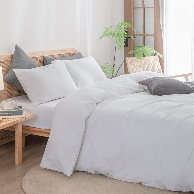 BESTOUCH Duvet Cover Set 100% Washed Cotton Linen Feel Super Soft Comfortable Chic Lightweight 3 PCs Home Bedding Set Solid Bright White Alaska King