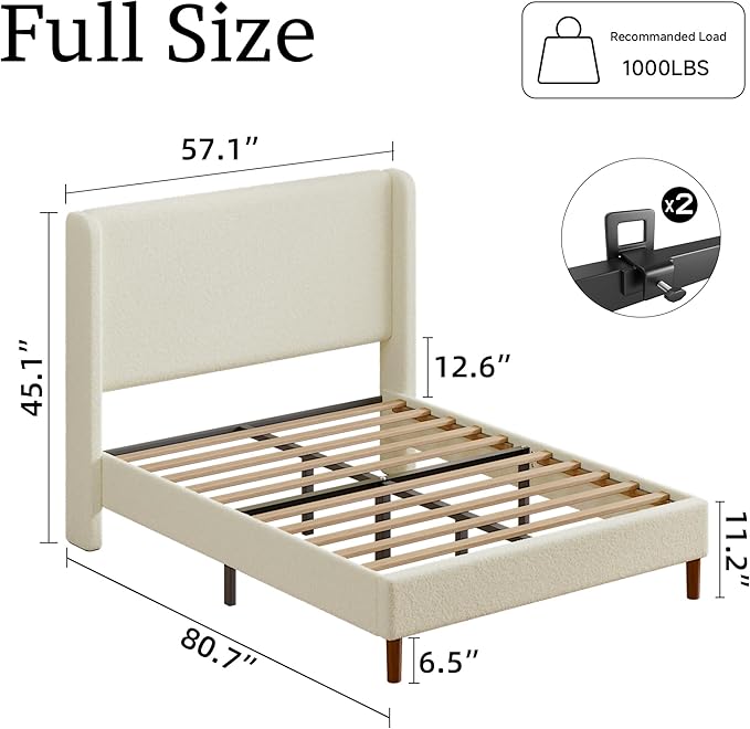 Full Boucle Upholstered Platform Bed Frame with Adjustable Wingback Headboard, Cloud Bed with Solid Wood Legs, No Box Spring Needed, Easy Assembly, Beige