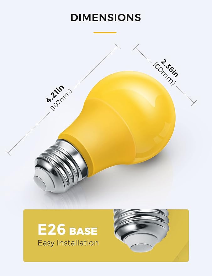L LOHAS LED Yellow Bug Light Bulbs Outdoor, A19 9W Bug Lights for Outside, 60W Equivalent, 2000K Amber Porch Light Bulb, Non-Attracting, E26 Base, Not-Dimmable, Ideal for Patio, Deck, Backyard, 4 Pack