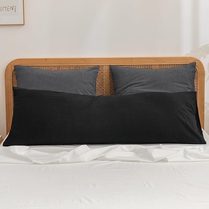 BESTOUCH 100% Washed Cotton Pillowcase for Hair and Skin Linen Feel Soft Comfortable Breathable 2 Set Pillow Case with Envelope Closure Solid Dark Black Euro 26x26 Inches