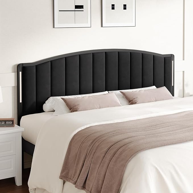 Headboard for King Size Bed with LED Lights, Upholstered Vertical Channel Tufting Head Boards, Velvet Headboard Only, Study & Comfortable, Ideal for Bedroom, Dorm, Guest Room, Black