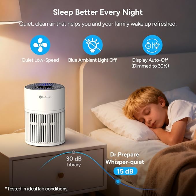 Dr.Prepare Air Purifiers for Bedroom - Covers Up to 1075 ft² - H13 HEPA Washable Filter with 15 dB Sleep Mode & Night Light, 360°Air Inlet, 3 Timer - Quiet Air Cleaner For Pets, Home, Office,Baby Room