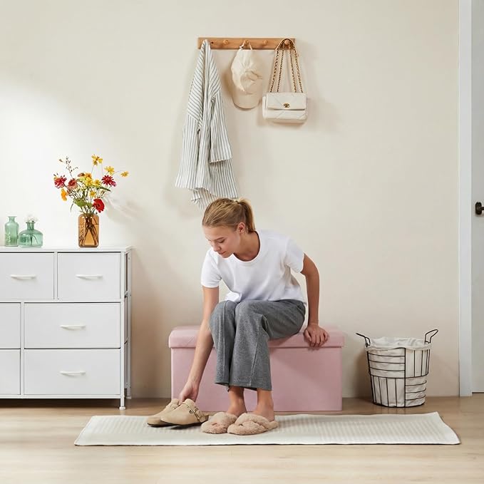 DUMOS Storage Ottoman Bench, 30in Storage Bench Foot Rest Stool with Padded Seat, Large End of Bed Bench for Bedroom, Living Room, Entryway, Support 660lbs, Pink