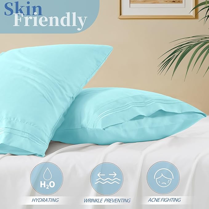 Vonty 2 Pack Queen Pillow Cases - 20x30 Inch, 1800 Thread Count Microfiber Pillowcases Queen Size Aqua Blue Pillow Cases Luxury & Soft Embroidered Bed Pillow Covers with Envelope Closure