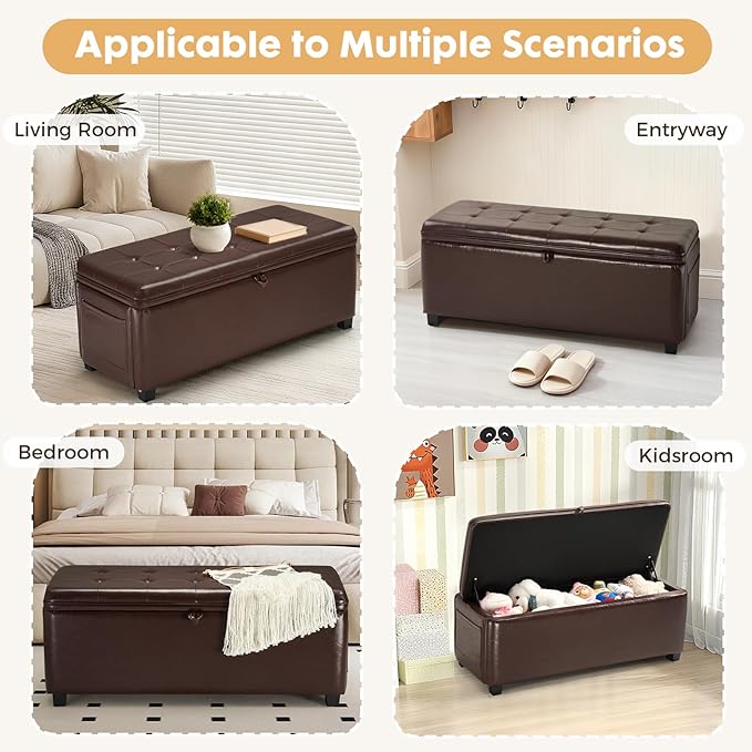 45" Storage Ottoman Bench - Large 28 Gallon (105L) Brown Bedroom Bench for End of Bed, Fuax Leather Upholstered Window Seat, Sturdy Toy Chest & Shoe Bench for Living Room, Entryway
