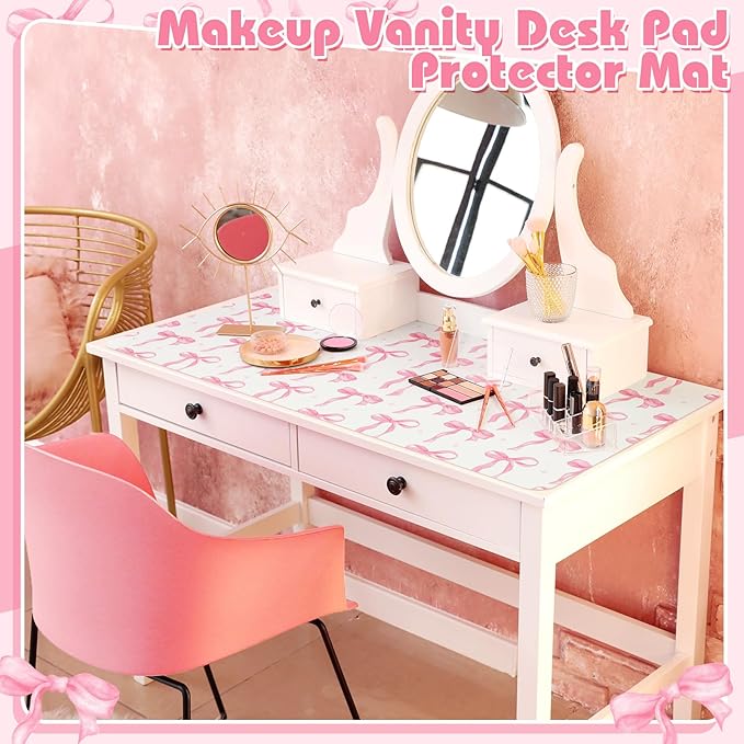 Teenyyou Coquette Bow Makeup Mat for Vanity Top Protector Graduation Gift Dual Side Leather Desk Mouse Pad Girly Waterproof Nonstick Dressing Accessories for Women Home Office(Pink,11.8"x23.6")