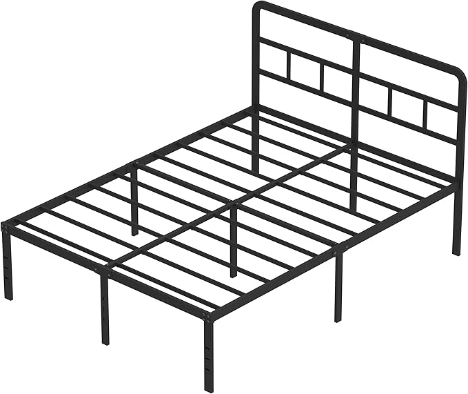 DiaOutro 18 Inch Queen Bed Frame with Headboard No Box Spring Needed, Heavy Duty Metal Queen Size Platform with Steel Slat, Mattress Foundation, Easy Assembly, Noise Free, Black