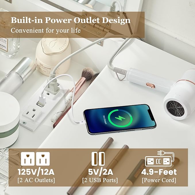 Small Vanity Desk, Flip Top Makeup Vanity, Makeup Vanity Desk with Mirror & LED Light, Power Outlet, Compact Dressing Table with Cushioning Stool, Vanity Desk Set for Kids, White
