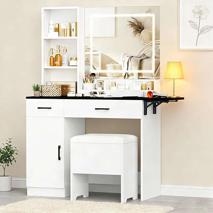 KAMABOKO Vanity Desk with Mirror, LED Lights and Power Outlet, Makeup Vanity Table with Cabinet and 2 Drawers, Dressing Table with Stools for Bedroom (Black)
