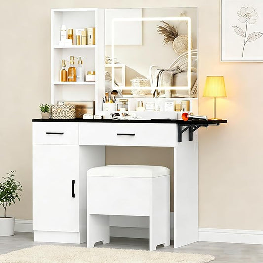 KAMABOKO Vanity Desk with Mirror, LED Lights and Power Outlet, Makeup Vanity Table with Cabinet and 2 Drawers, Dressing Table with Stools for Bedroom (Black)