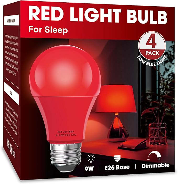 Red Sleep Light Bulb 2 Pack，Red Light Bulbs for Healthy Sleep,Blue Light Blocking,A19 9W(60W Equivalent) E26 Base Night Light for Bedroom, Baby Nursery Room