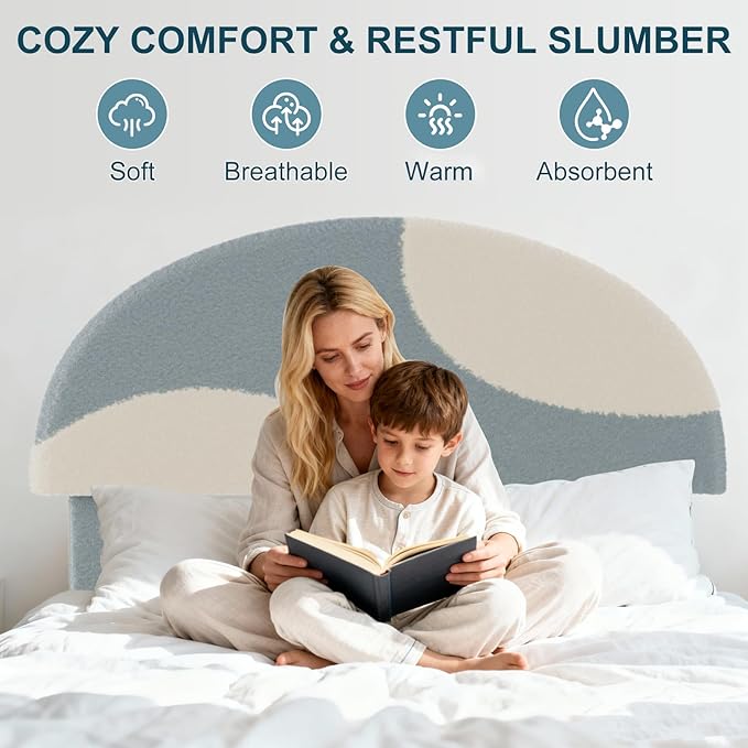 Garvee Full Bed Frame with Upholstered Round Boucle Headboard, Arch-Shaped Design in Soft Blue and White, Modern Kids Bed with Wooden Slats, No Box Spring Required and Easy Assembly