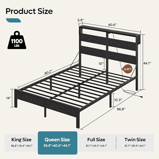 Bestier Queen Size Bed Frame with Headboard and Charging Station, Black Queen Bed Frame with LED Light, Non-Slip Platform Bed Frame Queen Size, Noise-Free, Easy Assembly, Black