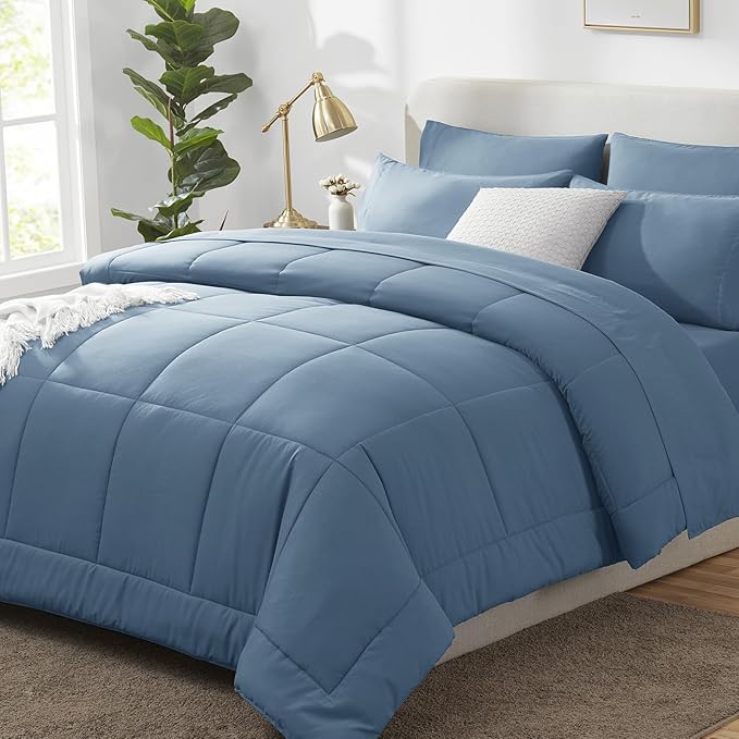 CozyLux Oversized King Comforter Sets Dusty Blue, 7 Pieces Bed in a Bag, Ultra-Soft All Season Bedding Sets with Stitch Quilted Comforter, Flat Sheet, Fitted Sheet, Pillowcases, Grayish Blue