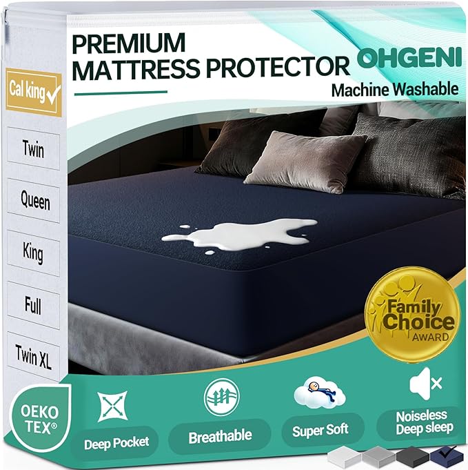 Ohgeni 100% Waterproof Mattress Protector, California King Navy Blue Size, Fitted Sheet with Deep Pockets, 6''-18'', Premium Noiseless Breathable Soft Material, Mattresses Cover for Bed