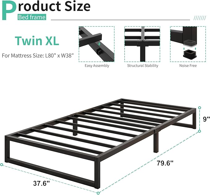 Lutown-Teen 9 Inch Twin XL Bed Frames Heavy Duty Sturdy Metal Platform Bed Frame No Box Spring Needed, Noise Free, Easy Assembly, Black