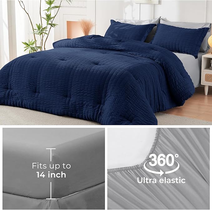 HYMOKEGE Navy Blue/Light Grey Twin XL Comforter Set Seersucker 5 Pieces, All Season Luxury Bed in a Bag for Bedroom, Bedding Set with Comforter, Sheets, Pillowcase & Sham