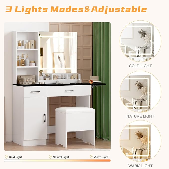 KAMABOKO Vanity Desk with Mirror, LED Lights and Power Outlet, Makeup Vanity Table with Cabinet and 2 Drawers, Dressing Table with Stools for Bedroom (Black)