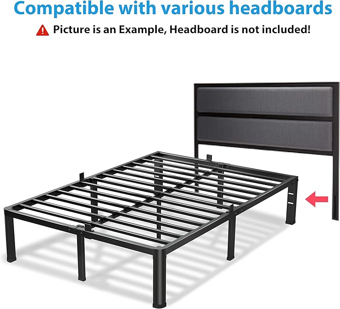 VIPSHOW 14 Inch Queen Bed Frame, 3500Lbs Heavy Duty Metal Platform with Round Corner Legs Mattress Slide Stopper, Steel Slat Support No Box Spring Needed, Noise Free, Non-Slip, Easy Assembly