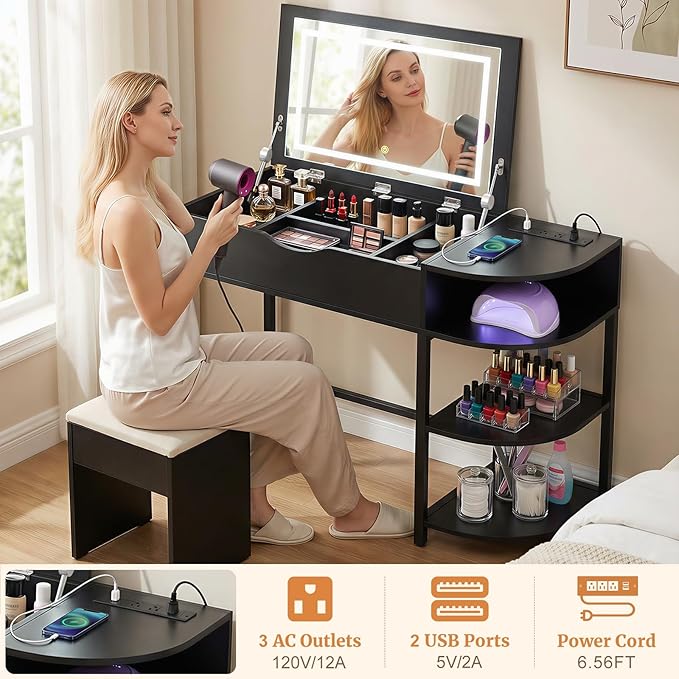 Cyclysio Vanity Desk with Flip Top Mirror and Lights, Makeup Vanity Desk with Drawers, Dressing Table with Storage Shelves & Charging Station, Small Vanity for Small Spaces, Black