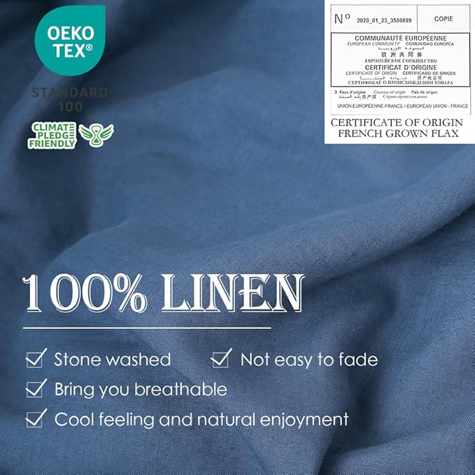 Simple&Opulence 100% Linen Duvet Cover Set 3pcs Basic Style Natural French Washed Flax Solid Color Soft Breathable Farmhouse Bedding with Button Closure - Classic Blue, King